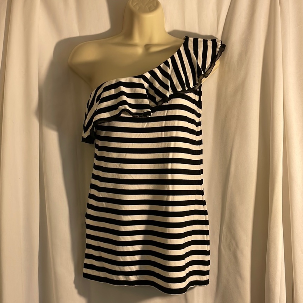 One Shoulder Black + White Striped Top, Size Small, White House Black Market